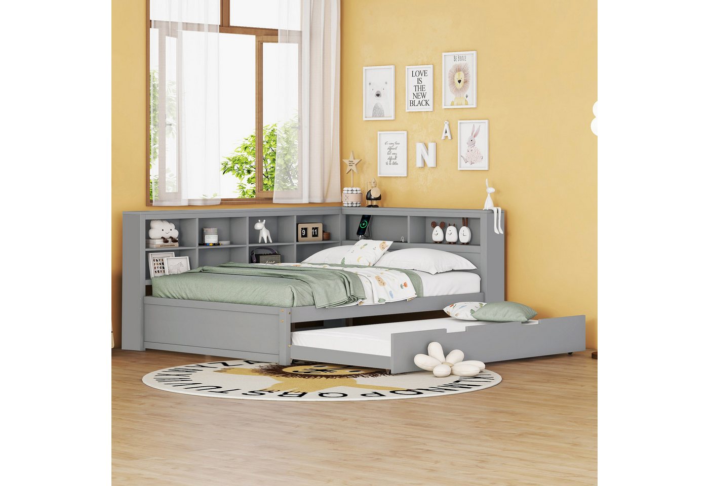 Flieks Massivholzbett, Doppelbett 140x200cm mit Stauraum, USB-Aufladen und Unterbett 90x190cm – Bild 3 von 5