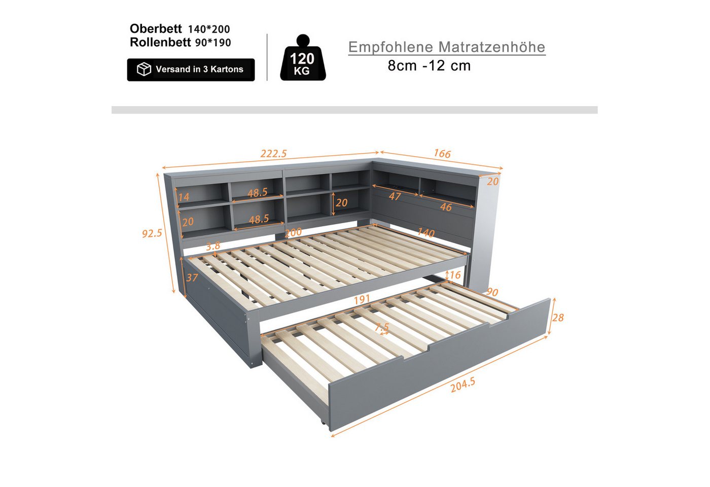 Flieks Massivholzbett, Doppelbett 140x200cm mit Stauraum, USB-Aufladen und Unterbett 90x190cm – Bild 4 von 5