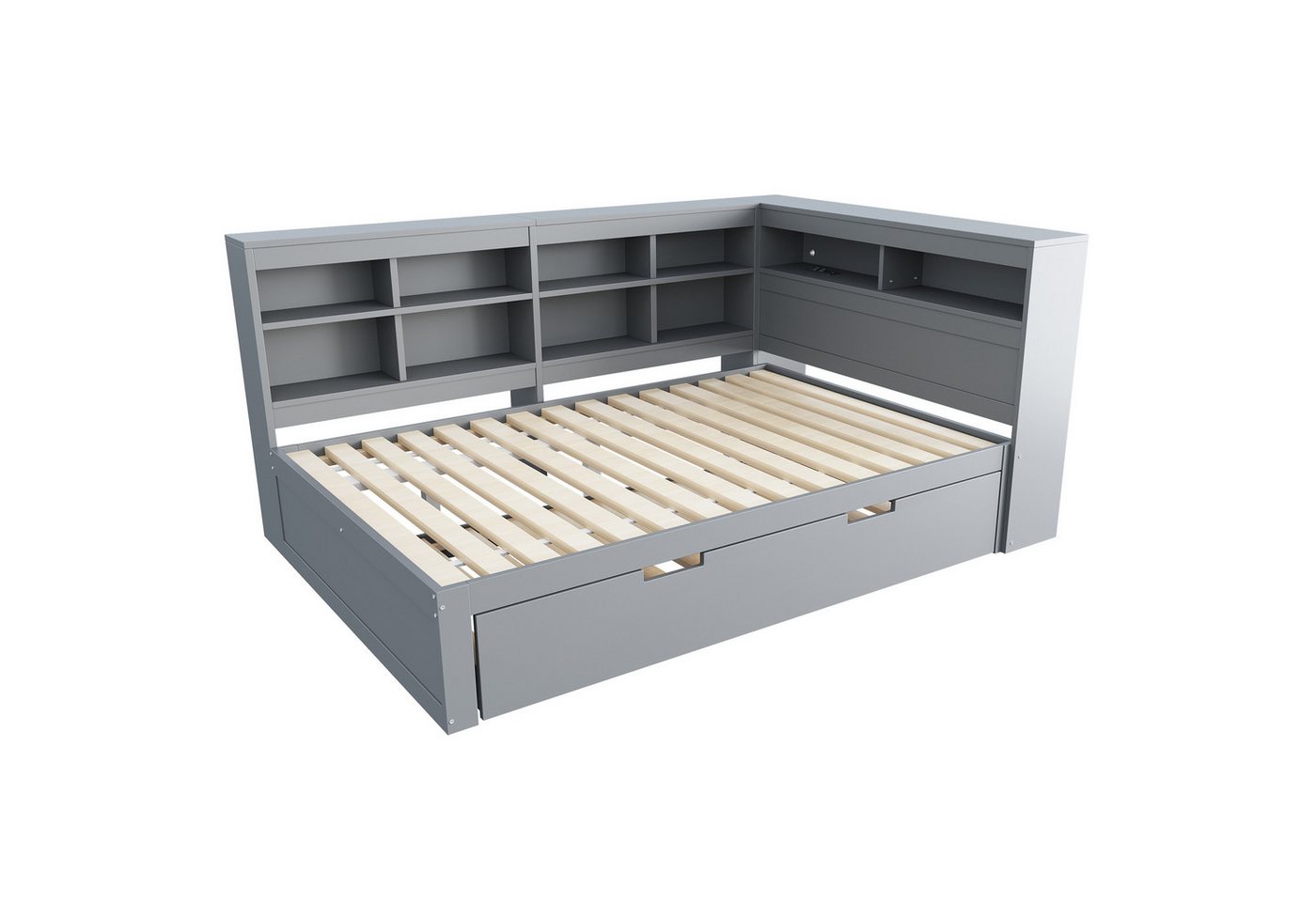 Flieks Massivholzbett, Doppelbett 140x200cm mit Stauraum, USB-Aufladen und Unterbett 90x190cm – Bild 5 von 5