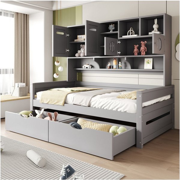 Flieks Massivholzbett, Einzelbett Kinderbett 90x200cm mit Staufächer und 2 Schubladen