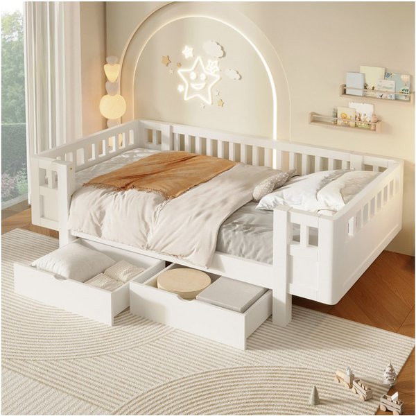 Flieks Massivholzbett, Kinderbett 90x200cm mit 2 Schubladen und Schutzgitter