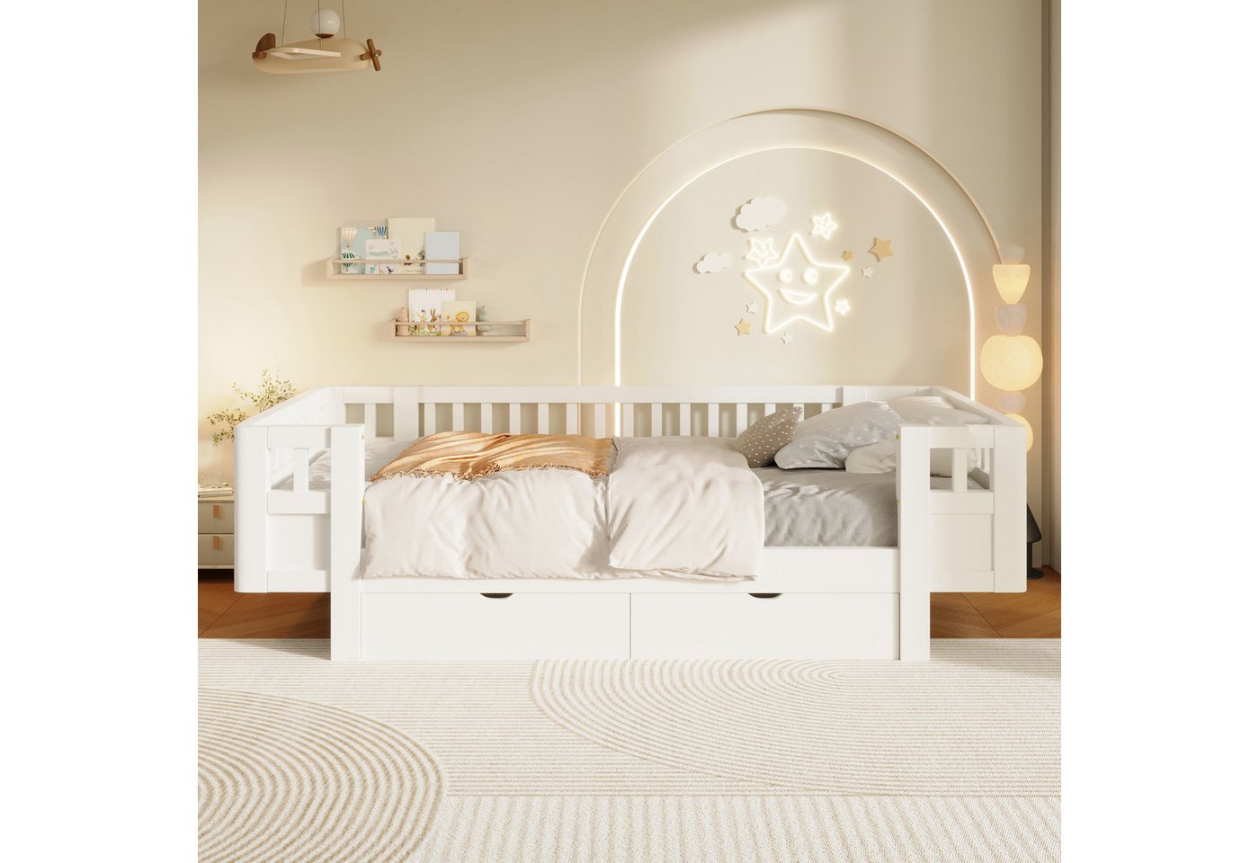 Flieks Massivholzbett, Kinderbett 90x200cm mit 2 Schubladen und Schutzgitter – Bild 3 von 5