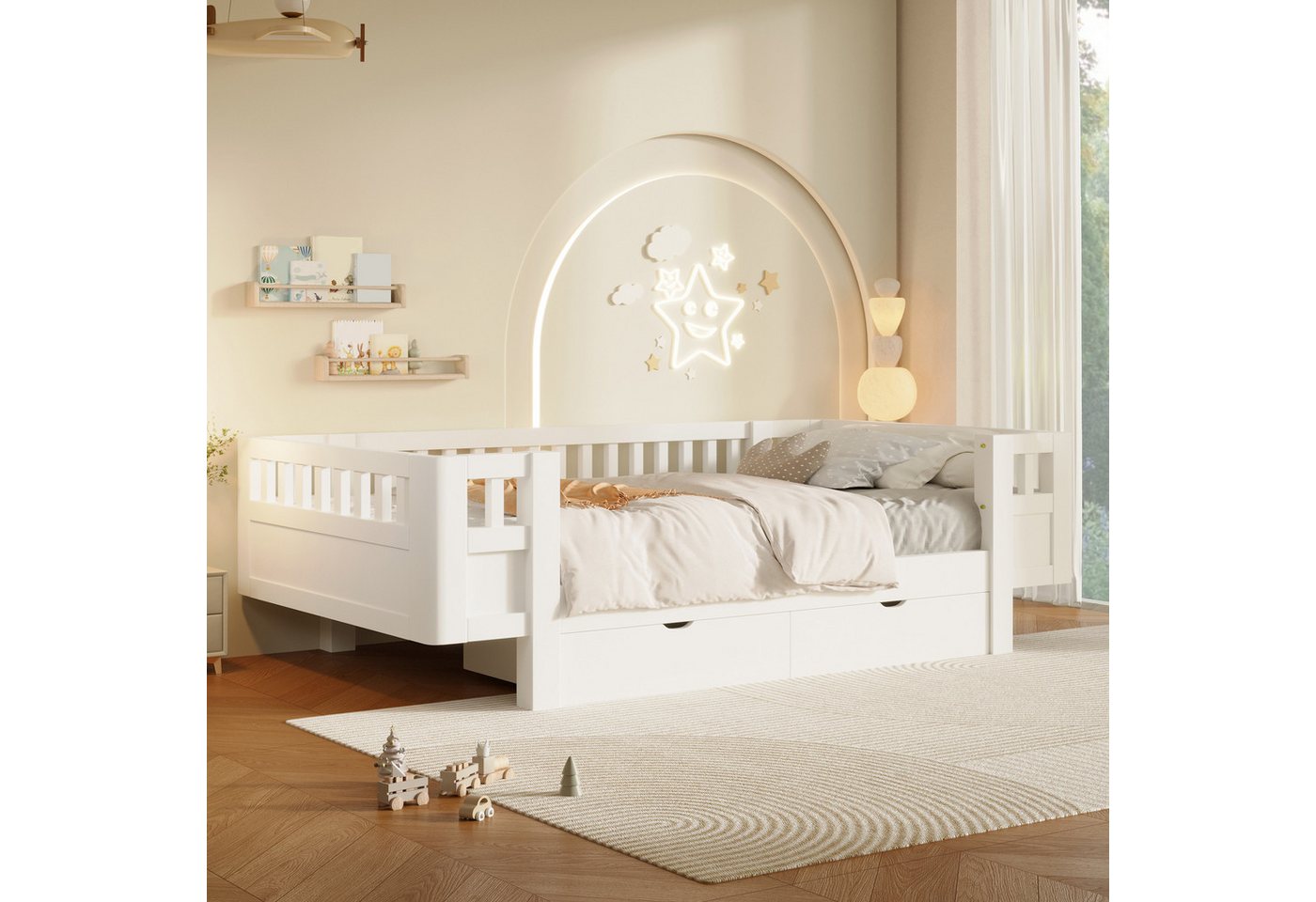 Flieks Massivholzbett, Kinderbett 90x200cm mit 2 Schubladen und Schutzgitter – Bild 4 von 5