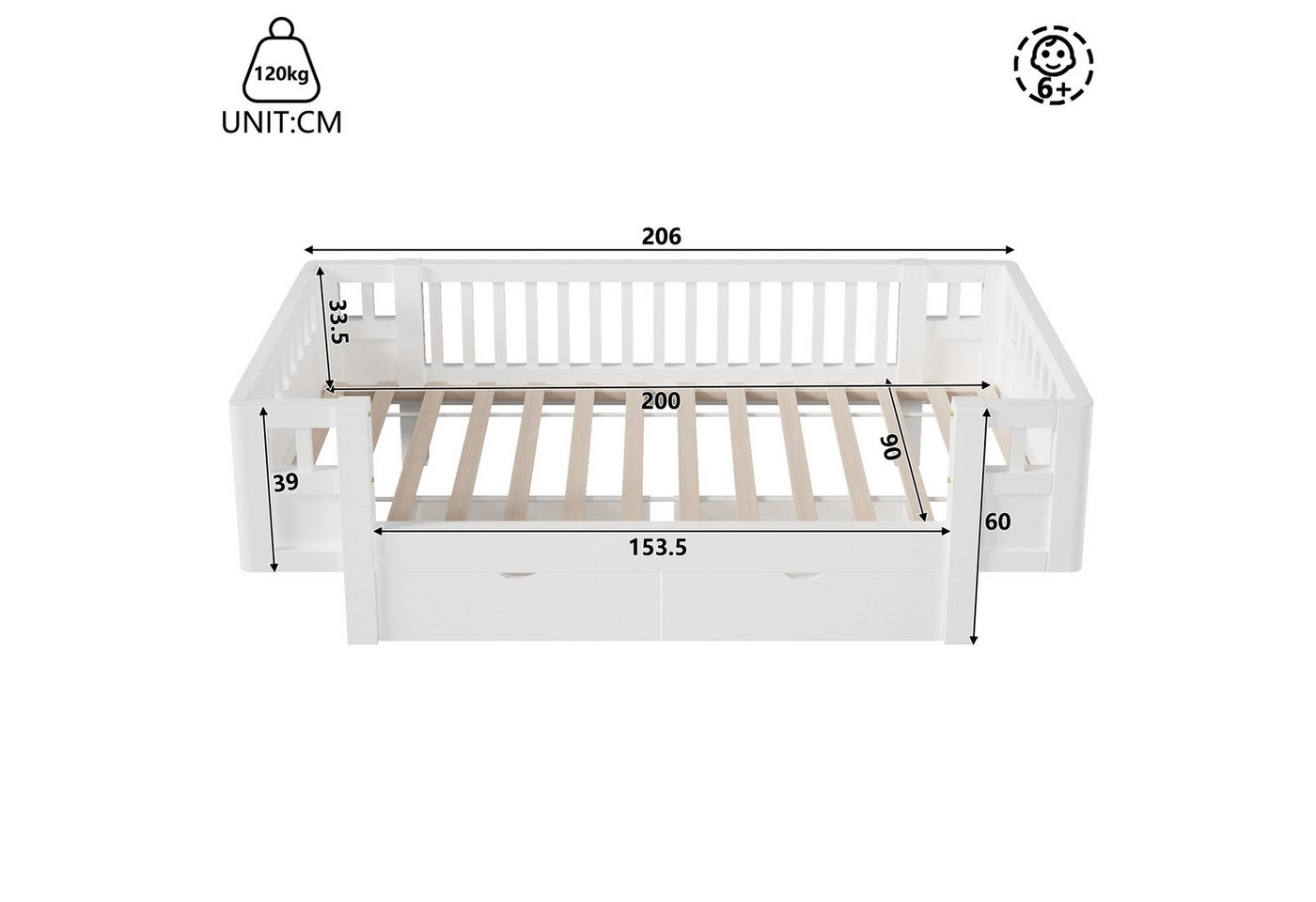 Flieks Massivholzbett, Kinderbett 90x200cm mit 2 Schubladen und Schutzgitter – Bild 5 von 5