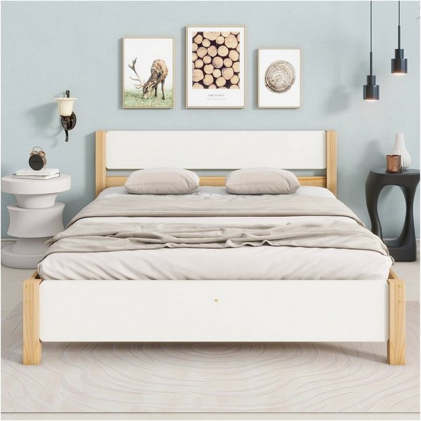 Flieks Massivholzbett, Doppelbett Kiefernholzbett mit Kopfteil und Lattenrost 140x200cm