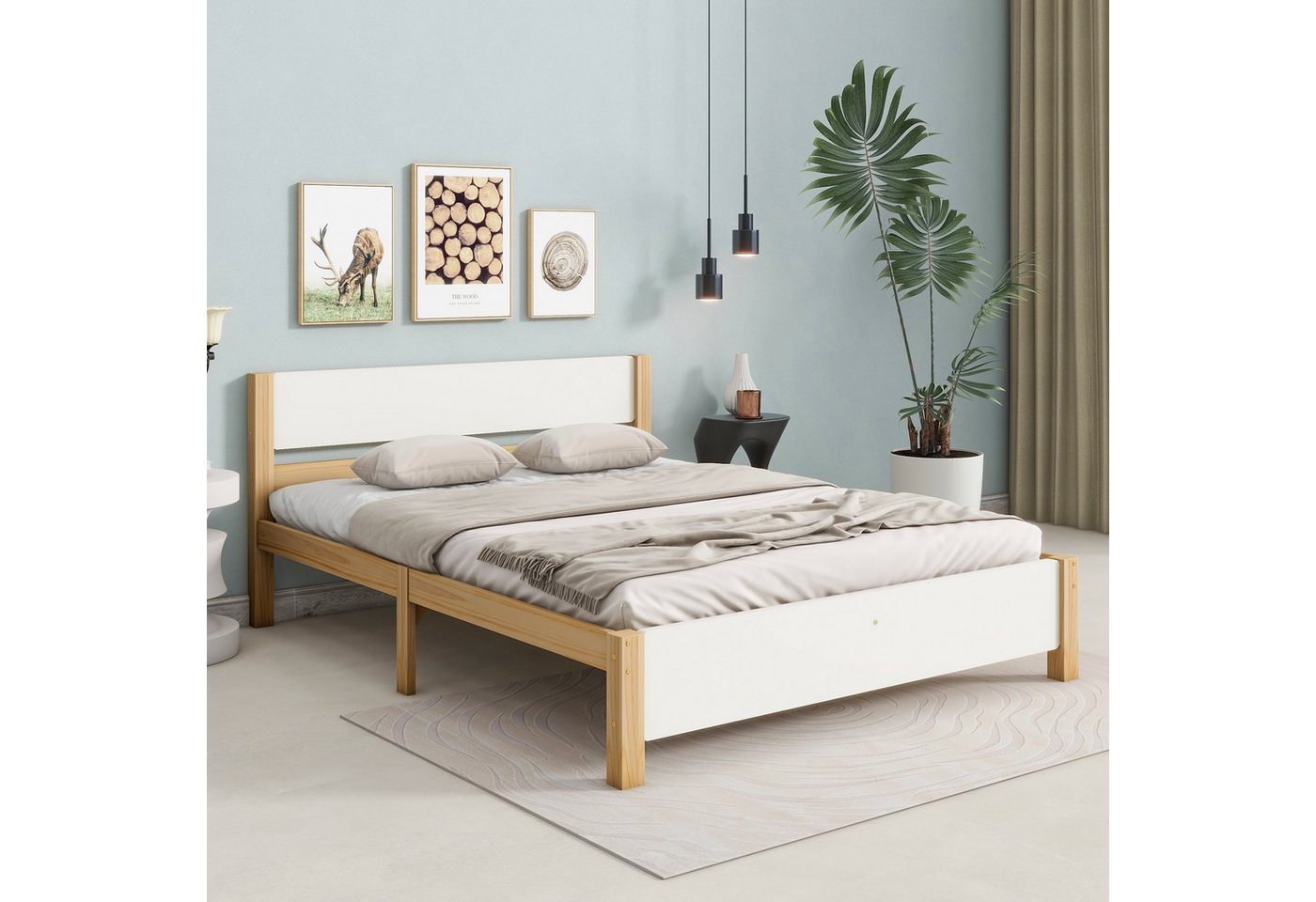 Flieks Massivholzbett, Doppelbett Kiefernholzbett mit Kopfteil und Lattenrost 140x200cm – Bild 2 von 5