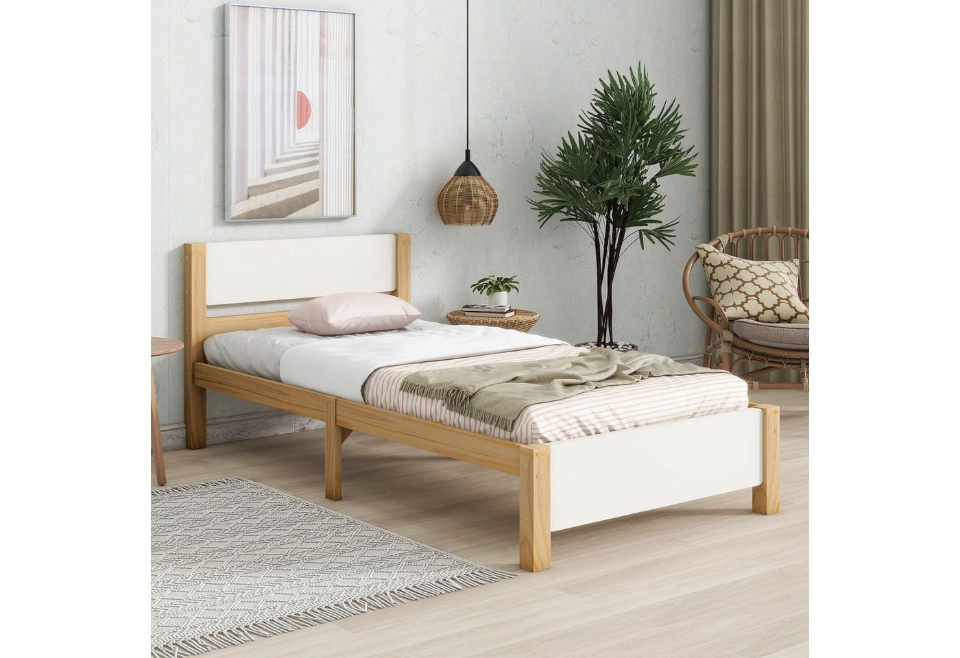 Flieks Massivholzbett, Einzelbett Kiefernholzbett mit Kopfteil und Lattenrost 90x200cm – Bild 2 von 5