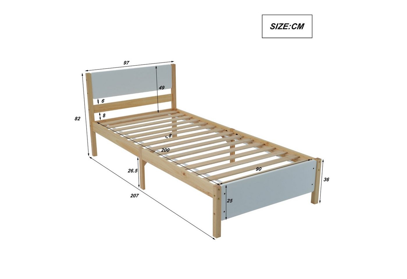 Flieks Massivholzbett, Einzelbett Kiefernholzbett mit Kopfteil und Lattenrost 90x200cm – Bild 3 von 5