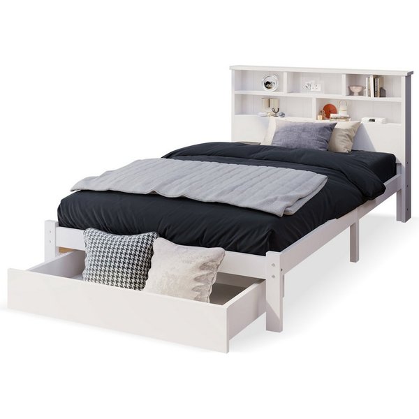 Flieks Massivholzbett, Einzelbett mit Bücherregal Kopfteil 90x200cm weiß