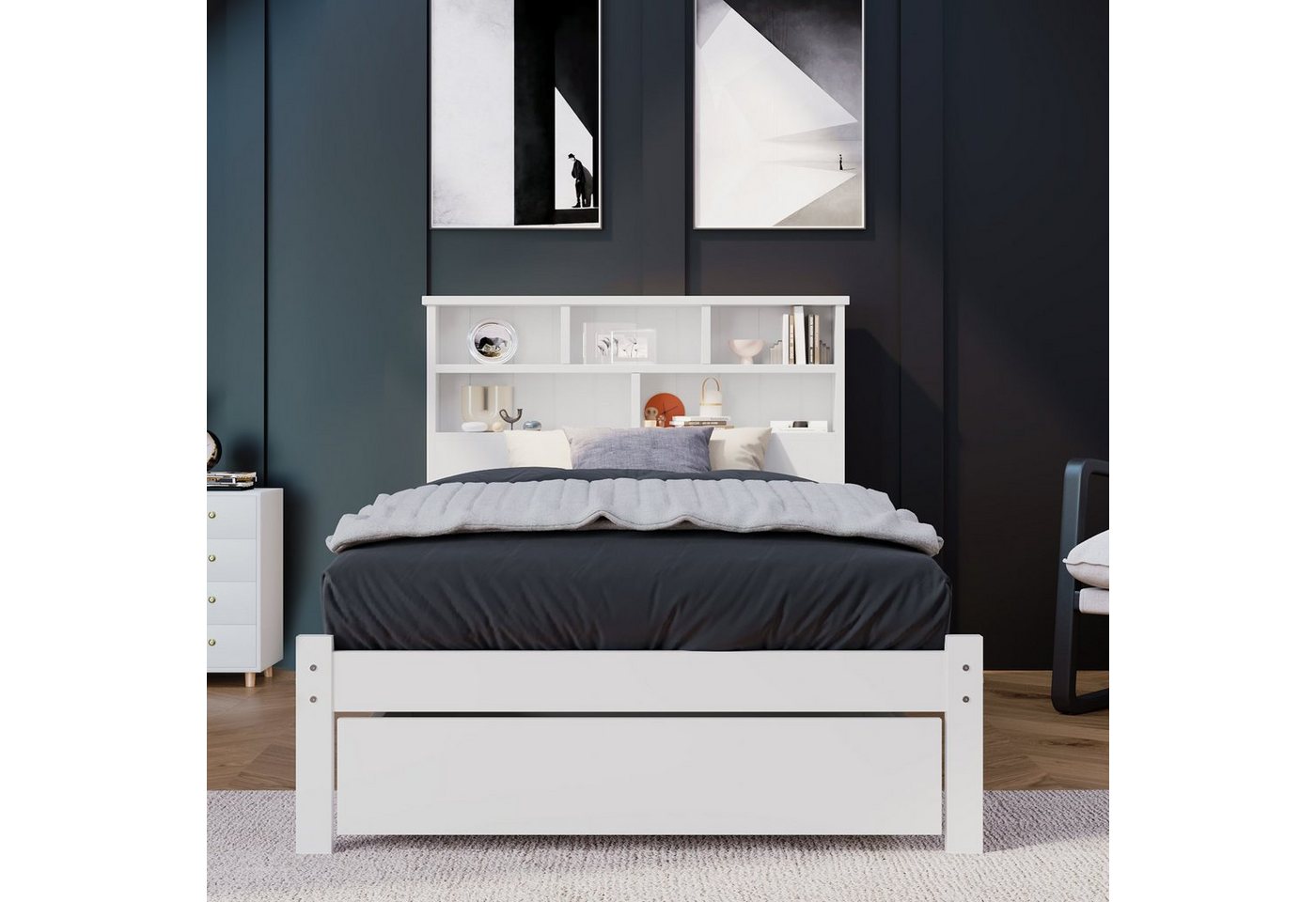Flieks Massivholzbett, Einzelbett mit Bücherregal Kopfteil 90x200cm weiß – Bild 2 von 5