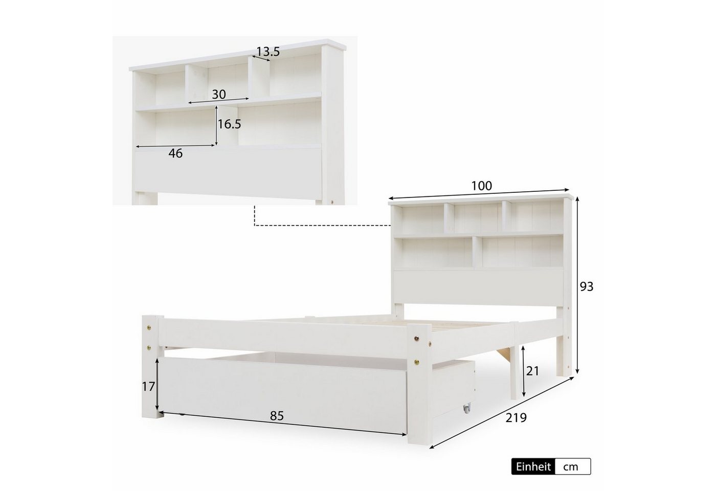 Flieks Massivholzbett, Einzelbett mit Bücherregal Kopfteil 90x200cm weiß – Bild 3 von 5