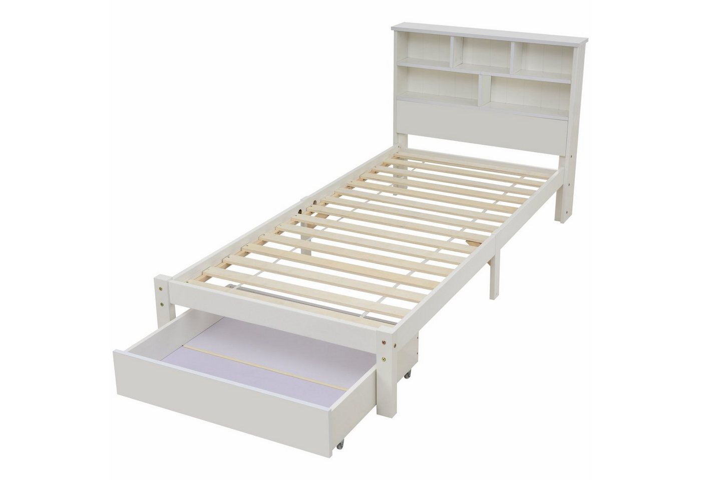 Flieks Massivholzbett, Einzelbett mit Bücherregal Kopfteil 90x200cm weiß – Bild 4 von 5