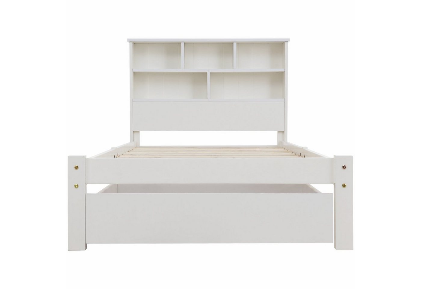 Flieks Massivholzbett, Einzelbett mit Bücherregal Kopfteil 90x200cm weiß – Bild 5 von 5