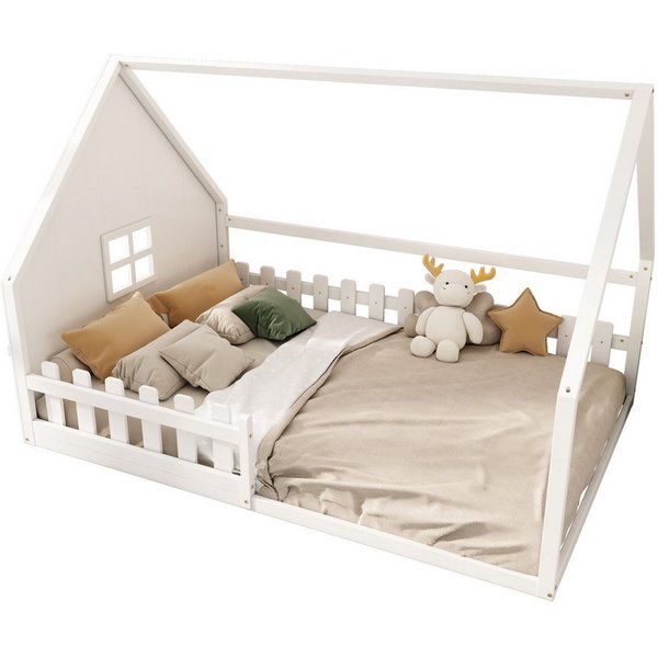 Flieks Massivholzbett, Kinderbett Hausbett Doppelbett 140x200cm mit Lattenrost und Zaun