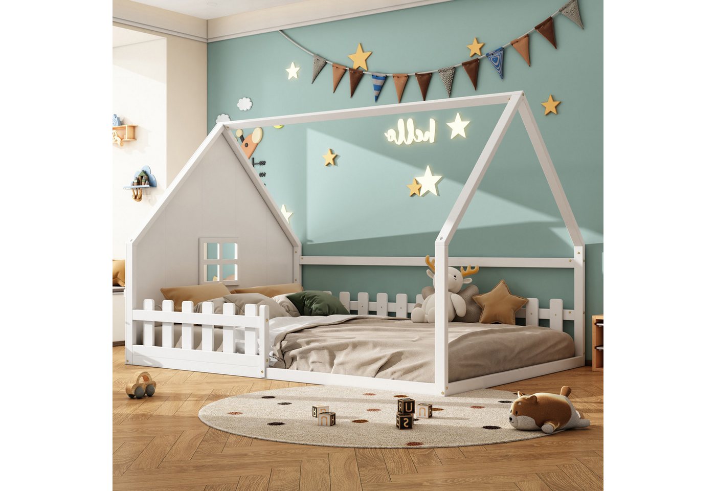 Flieks Massivholzbett, Kinderbett Hausbett Doppelbett 140x200cm mit Lattenrost und Zaun – Bild 2 von 5
