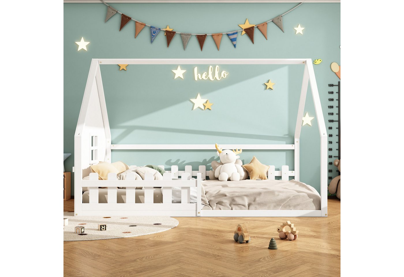Flieks Massivholzbett, Kinderbett Hausbett Doppelbett 140x200cm mit Lattenrost und Zaun – Bild 3 von 5