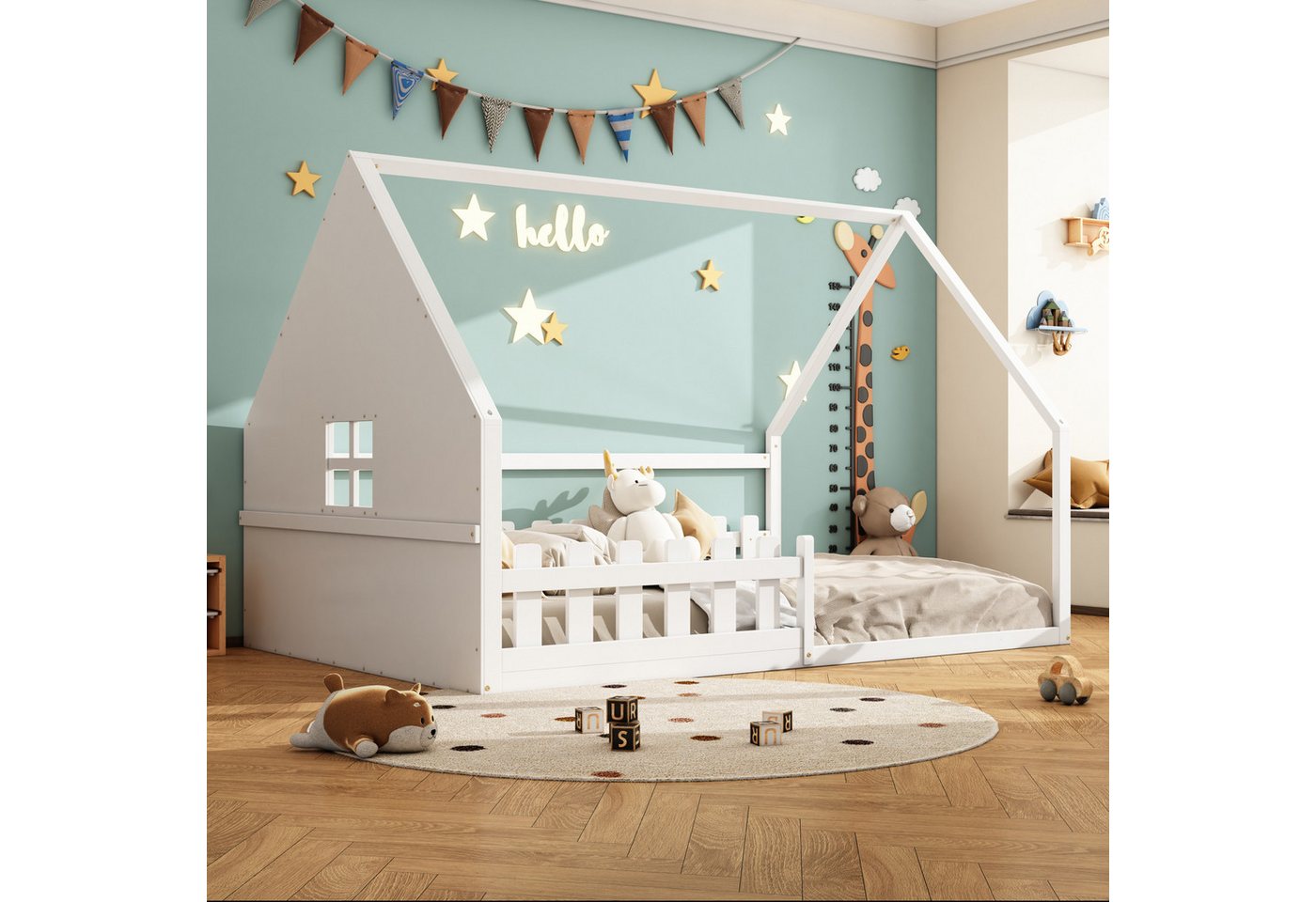 Flieks Massivholzbett, Kinderbett Hausbett Doppelbett 140x200cm mit Lattenrost und Zaun – Bild 4 von 5
