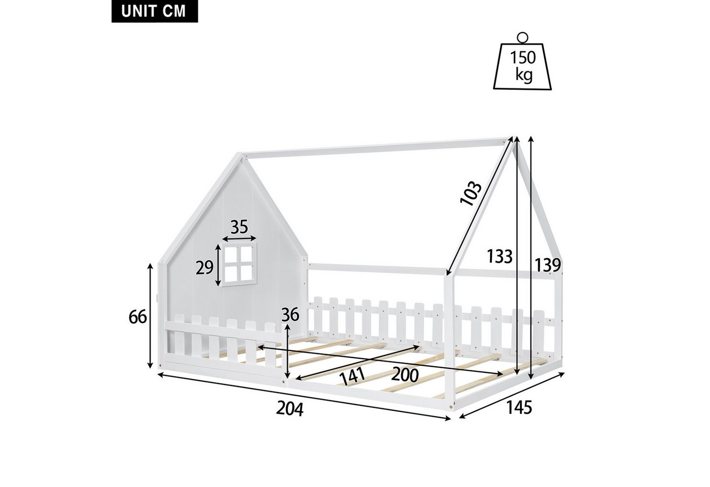 Flieks Massivholzbett, Kinderbett Hausbett Doppelbett 140x200cm mit Lattenrost und Zaun – Bild 5 von 5