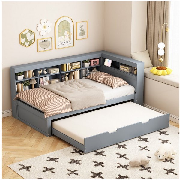 Flieks Massivholzbett, Einzelbett 90x200cm mit Stauraum, USB-Aufladen und Unterbett 90x190cm
