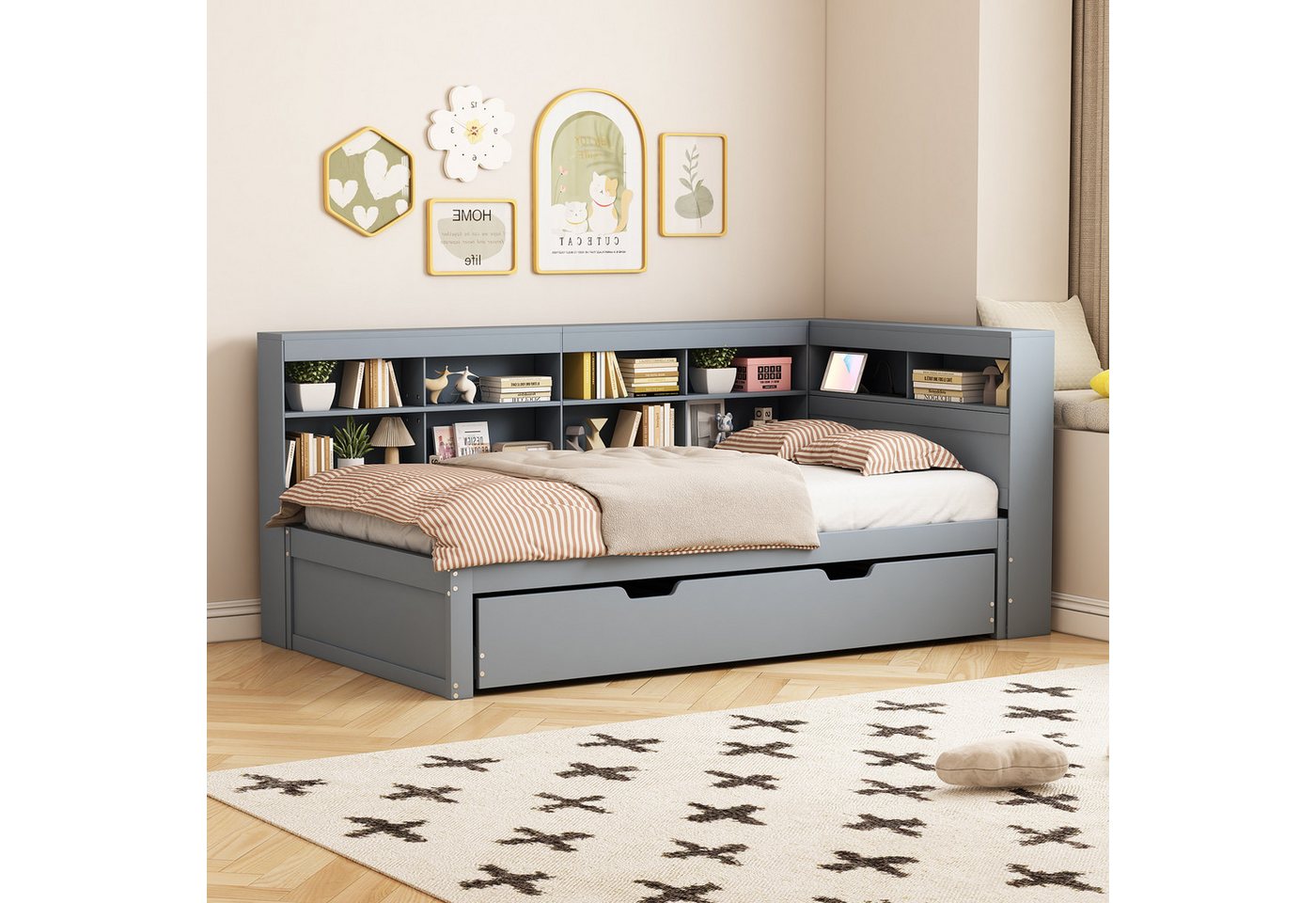 Flieks Massivholzbett, Einzelbett 90x200cm mit Stauraum, USB-Aufladen und Unterbett 90x190cm – Bild 2 von 5