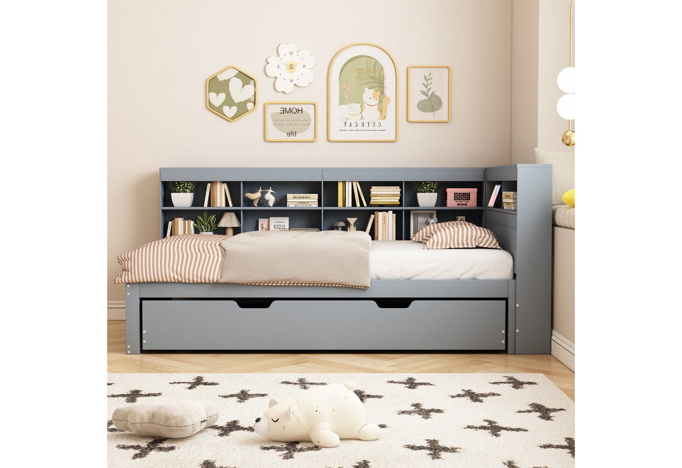 Flieks Massivholzbett, Einzelbett 90x200cm mit Stauraum, USB-Aufladen und Unterbett 90x190cm – Bild 3 von 5