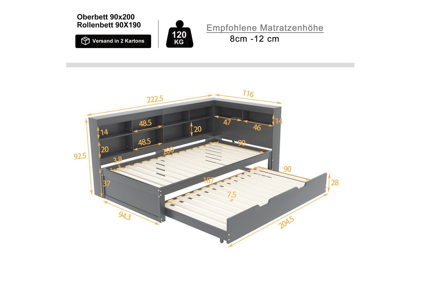 Flieks Massivholzbett, Einzelbett 90x200cm mit Stauraum, USB-Aufladen und Unterbett 90x190cm – Bild 4 von 5
