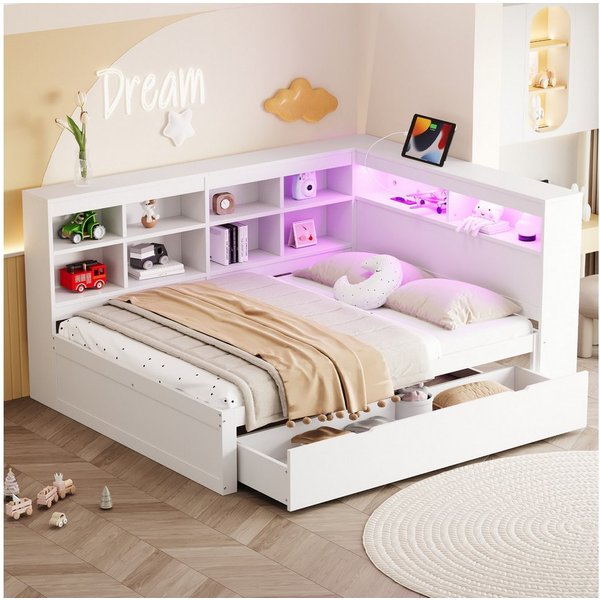 Flieks Massivholzbett, LED Doppelbett 140x200cm mit Stauraum, USB-Aufladen und Schublade