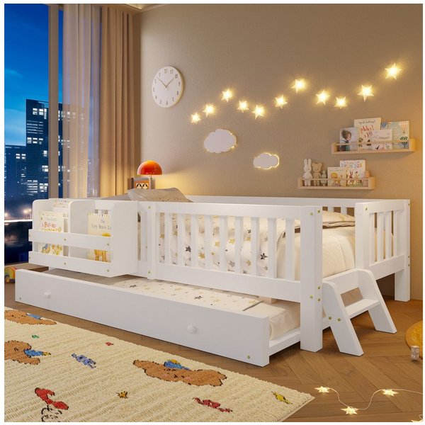 Flieks Massivholzbett, Kinderbett 90x200cm mit Ausziehbett 90x190cm, Ablagefächer, Geländer