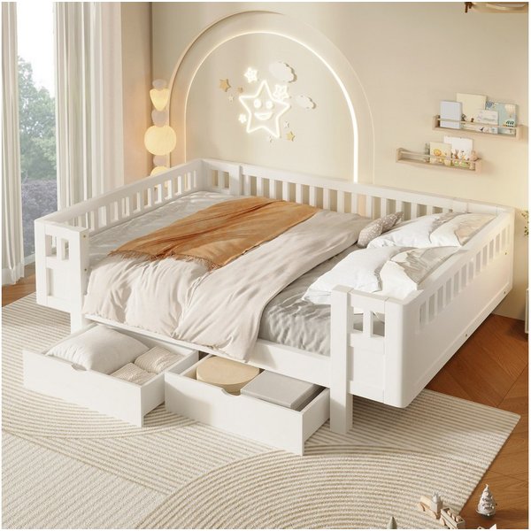 Flieks Massivholzbett, Kinderbett 140x200cm mit 2 Schubladen und Schutzgitter