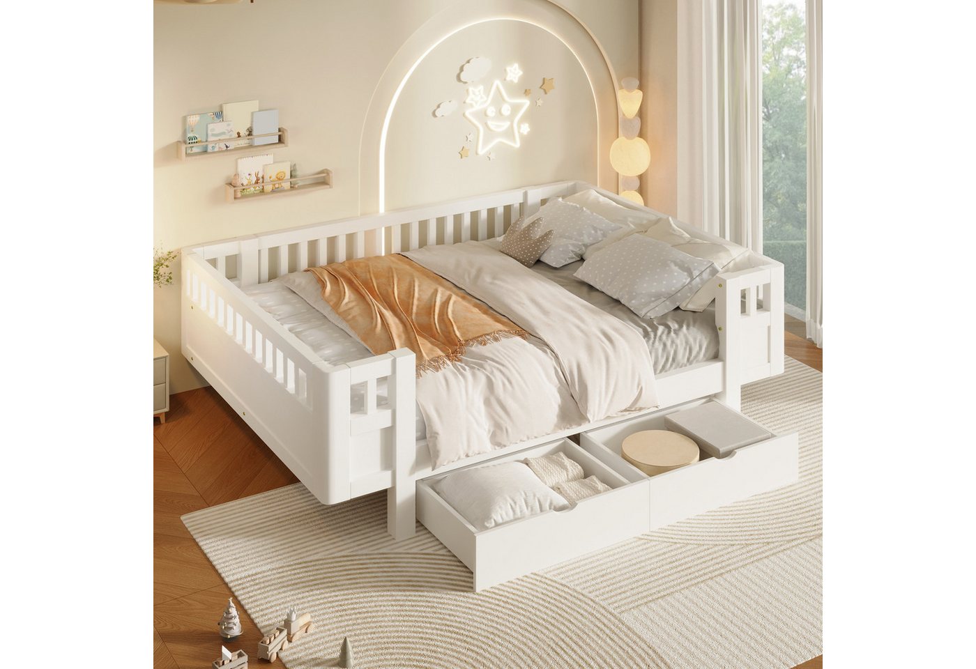 Flieks Massivholzbett, Kinderbett 140x200cm mit 2 Schubladen und Schutzgitter – Bild 2 von 5