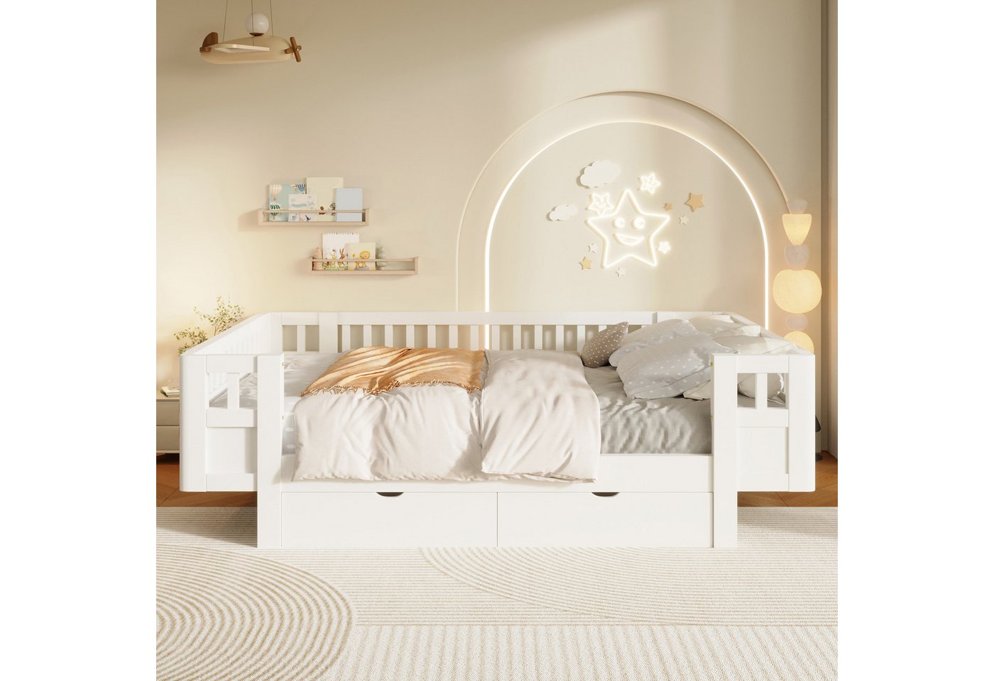 Flieks Massivholzbett, Kinderbett 140x200cm mit 2 Schubladen und Schutzgitter – Bild 3 von 5