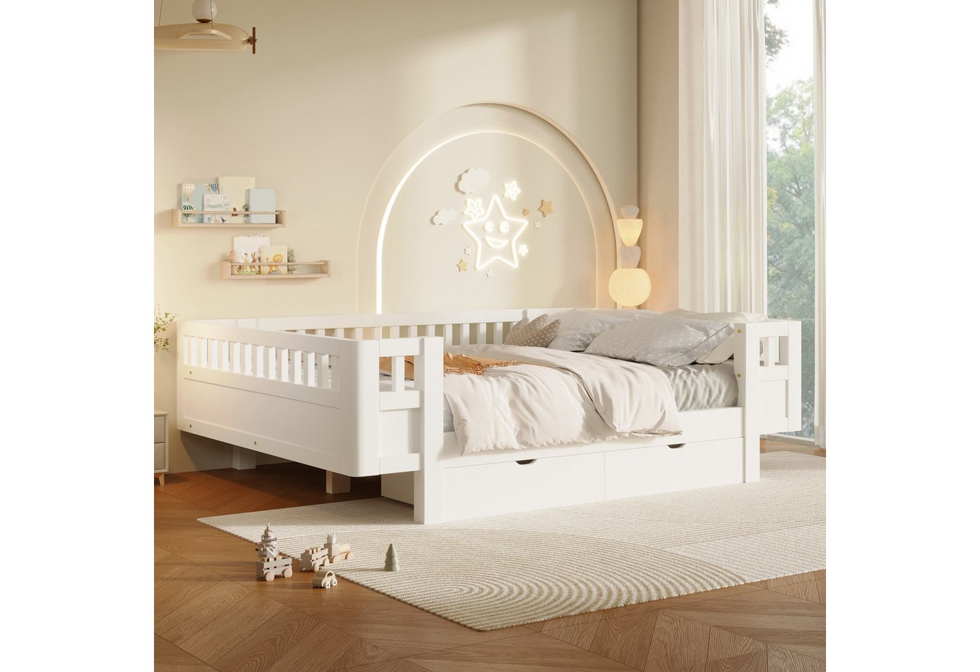 Flieks Massivholzbett, Kinderbett 140x200cm mit 2 Schubladen und Schutzgitter – Bild 4 von 5