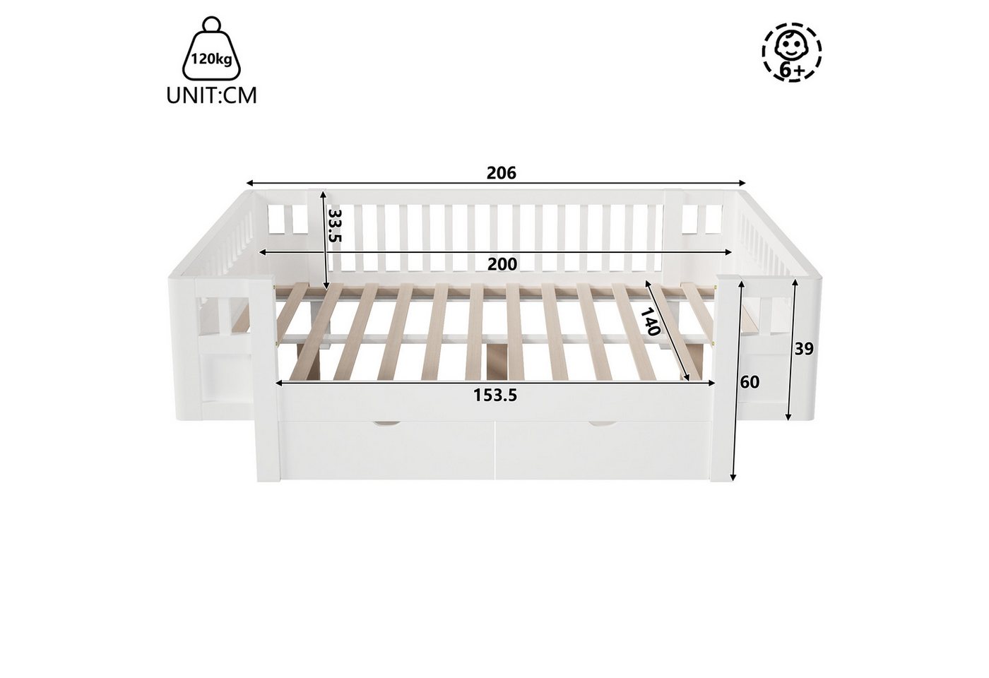 Flieks Massivholzbett, Kinderbett 140x200cm mit 2 Schubladen und Schutzgitter – Bild 5 von 5