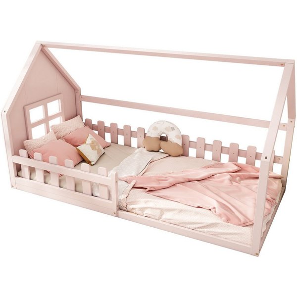 Flieks Massivholzbett, Kinderbett Hausbett Einzelbett 90x200cm mit Lattenrost und Zaun