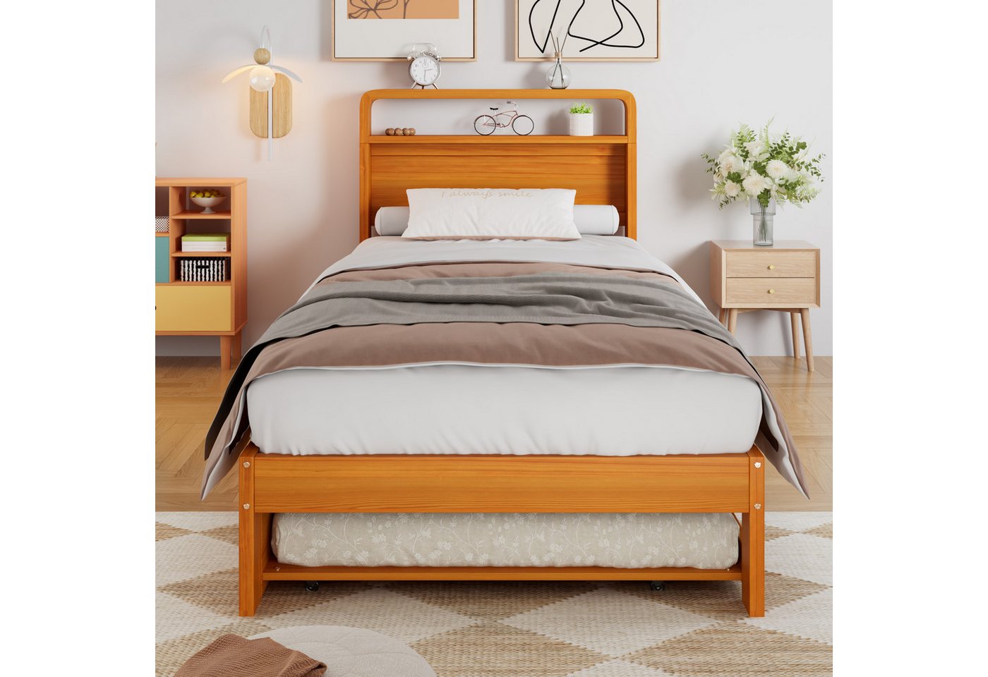 Flieks Massivholzbett, Kinderbett 90x200cm mit Ausziehbett 90x190cm, links/rechts montierbar – Bild 3 von 5
