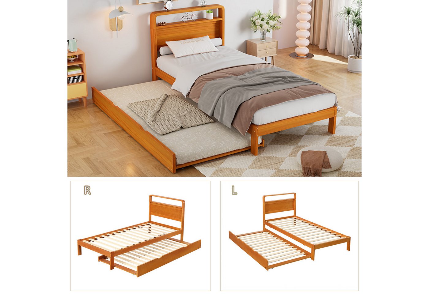 Flieks Massivholzbett, Kinderbett 90x200cm mit Ausziehbett 90x190cm, links/rechts montierbar – Bild 4 von 5