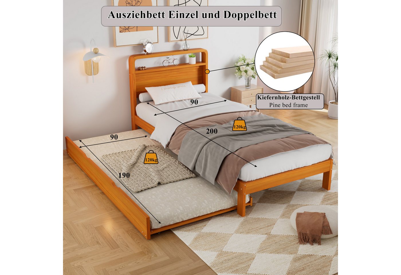 Flieks Massivholzbett, Kinderbett 90x200cm mit Ausziehbett 90x190cm, links/rechts montierbar – Bild 5 von 5