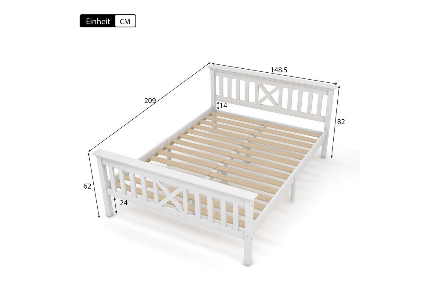 Flieks Massivholzbett, Doppelbett Kinderbett mit Lattenrost 140x200cm Kiefer – Bild 4 von 5