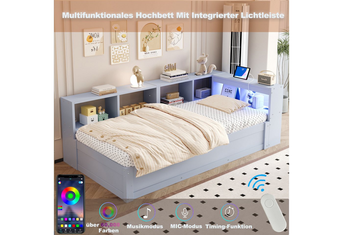 Flieks Massivholzbett, Hydraulisches Stauraumbett Daybett 90×200cm mit LED-Leiste & Aufladen – Bild 5 von 5