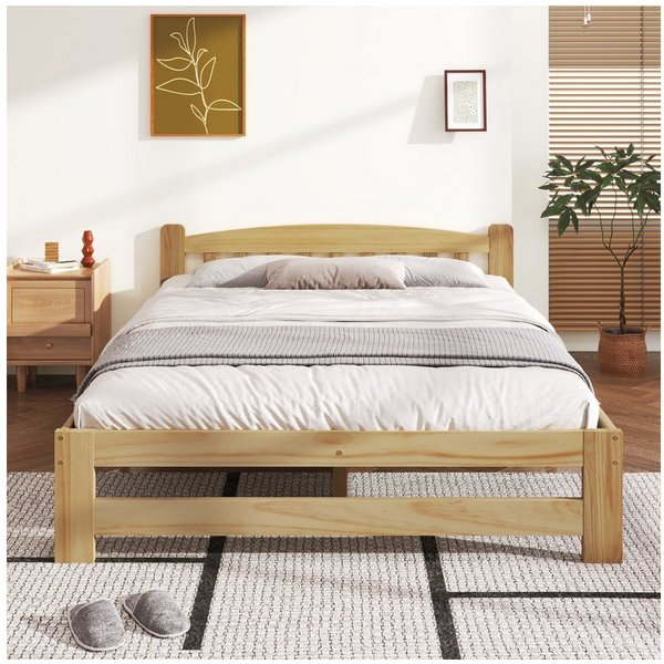 Flieks Massivholzbett, Doppelbett Futonbett mit Kopfteil und Lattenrost 140x200cm