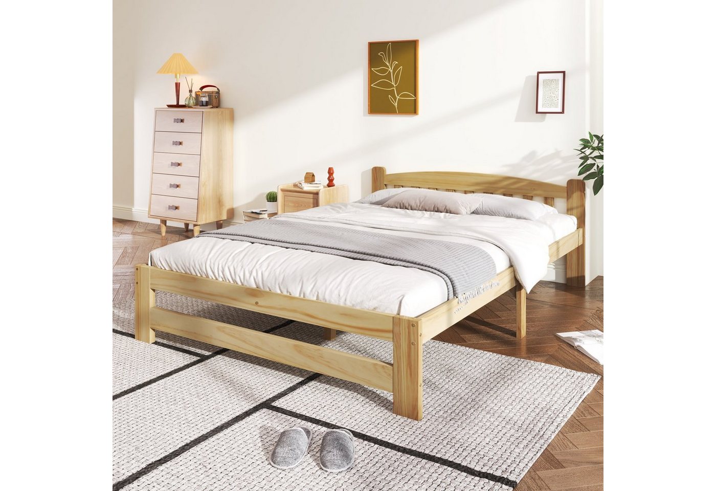Flieks Massivholzbett, Doppelbett Futonbett mit Kopfteil und Lattenrost 140x200cm – Bild 2 von 5