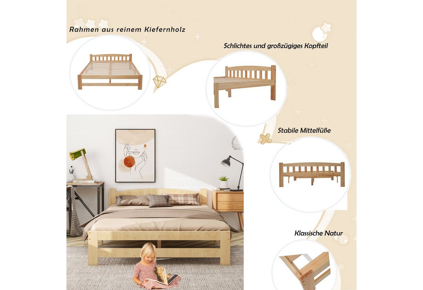 Flieks Massivholzbett, Doppelbett Futonbett mit Kopfteil und Lattenrost 140x200cm – Bild 3 von 5