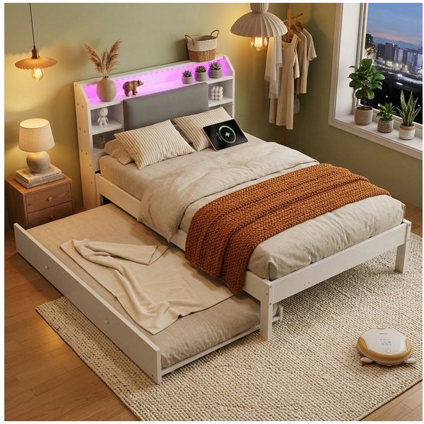 Flieks Massivholzbett, Kinderbett 120x200cm mit Ausziehbett 90x190cm, LED&USB, offenen Fächer