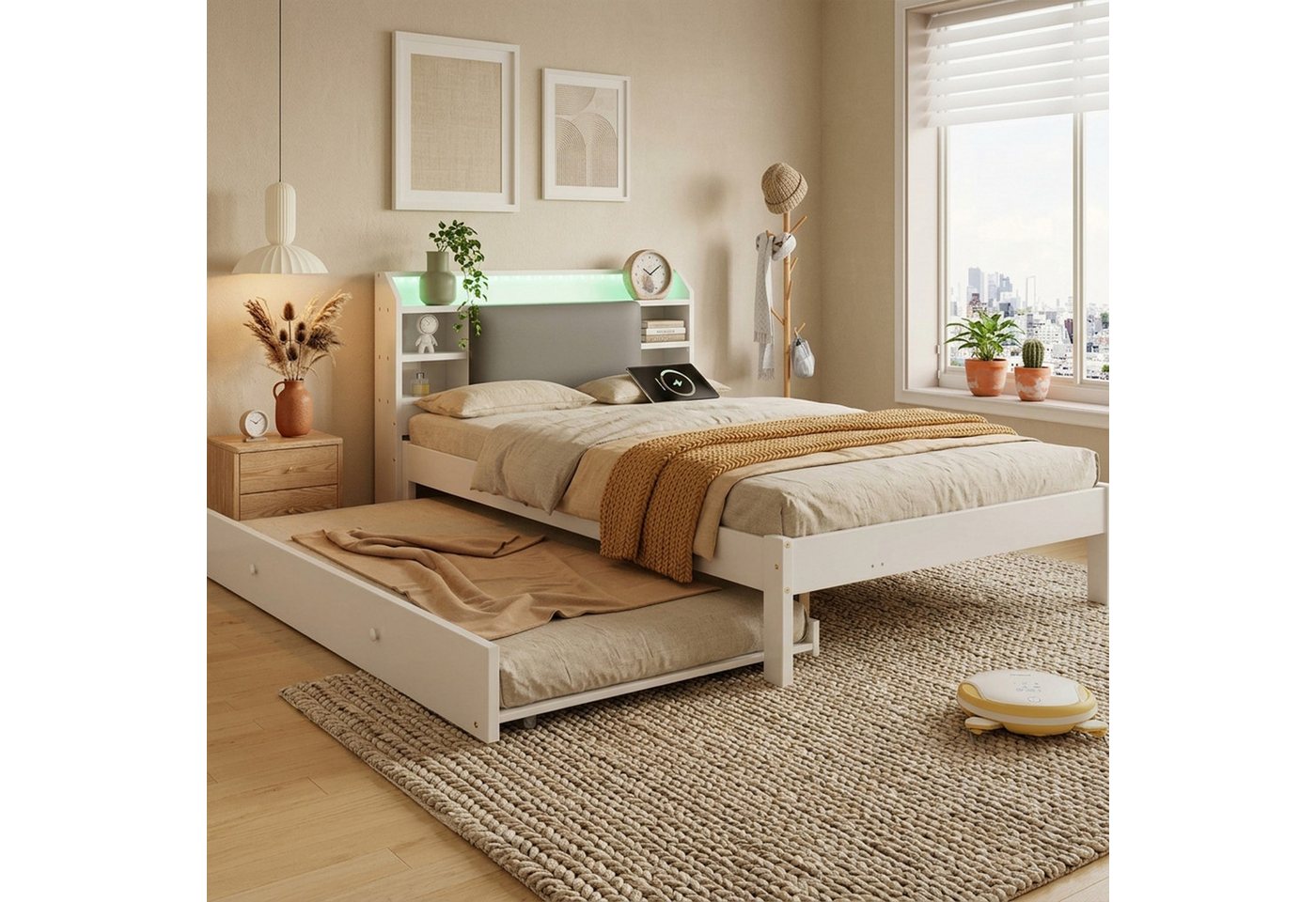 Flieks Massivholzbett, Kinderbett 120x200cm mit Ausziehbett 90x190cm, LED&USB, offenen Fächer – Bild 2 von 5