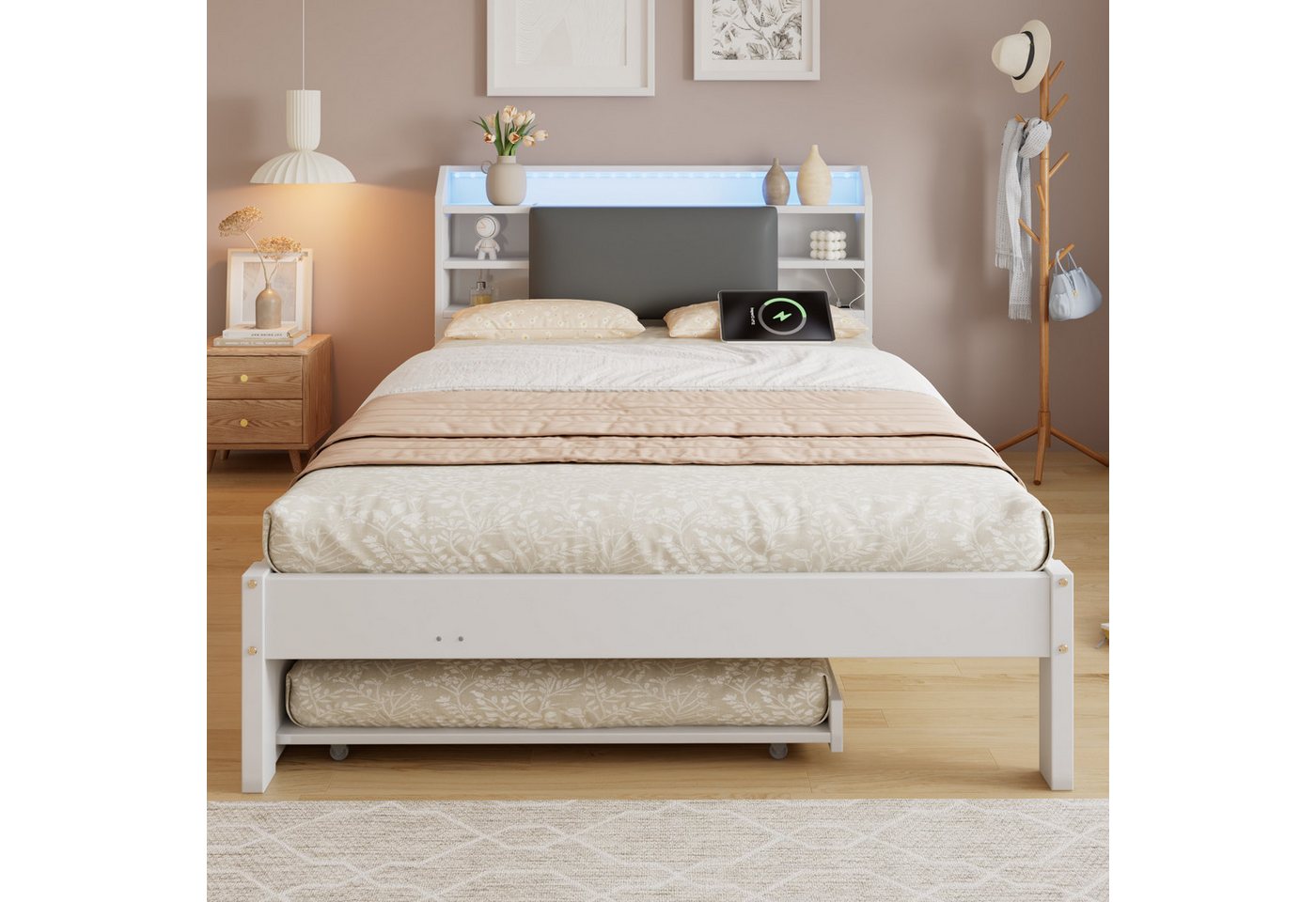 Flieks Massivholzbett, Kinderbett 120x200cm mit Ausziehbett 90x190cm, LED&USB, offenen Fächer – Bild 3 von 5