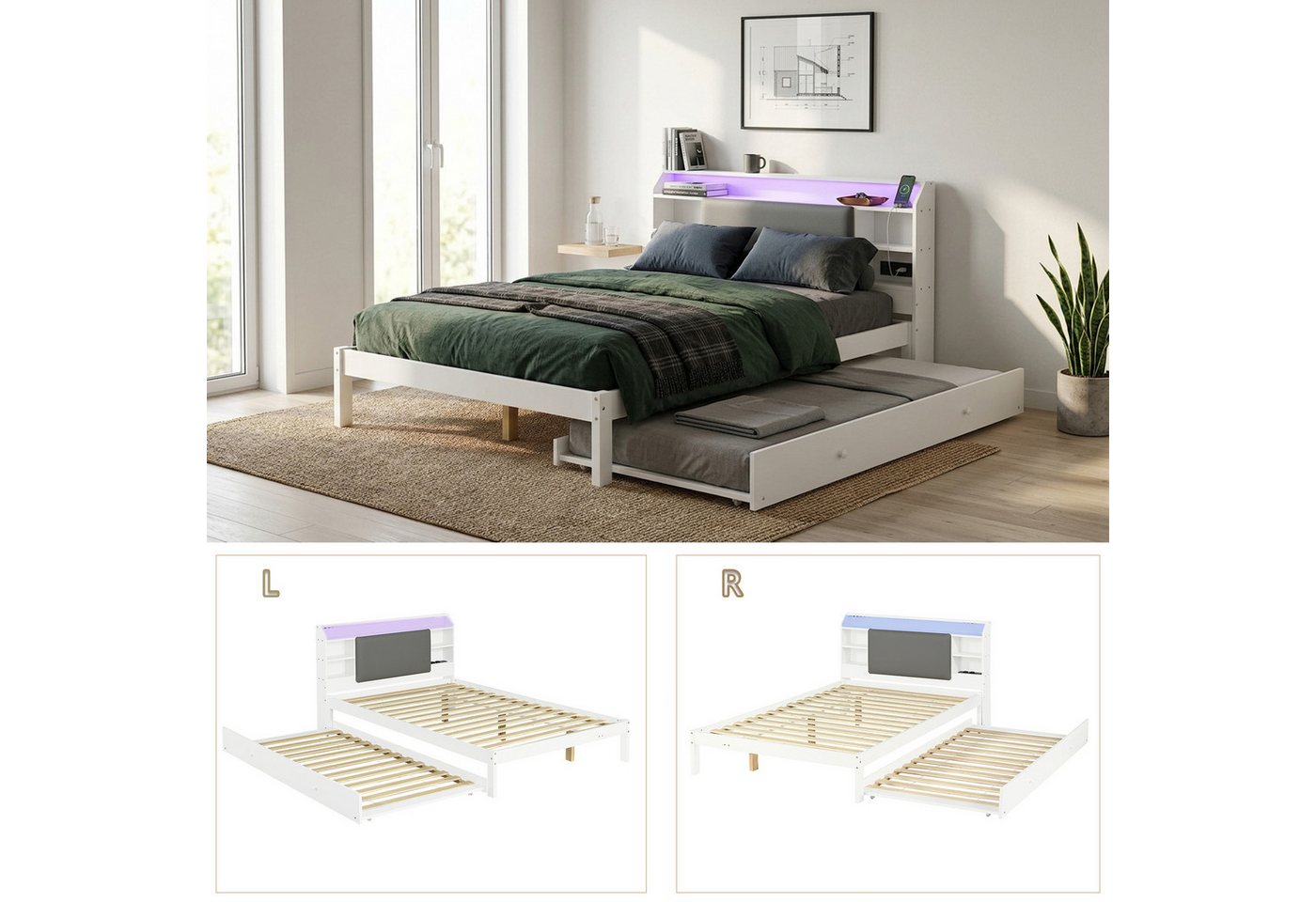 Flieks Massivholzbett, Kinderbett 120x200cm mit Ausziehbett 90x190cm, LED&USB, offenen Fächer – Bild 4 von 5
