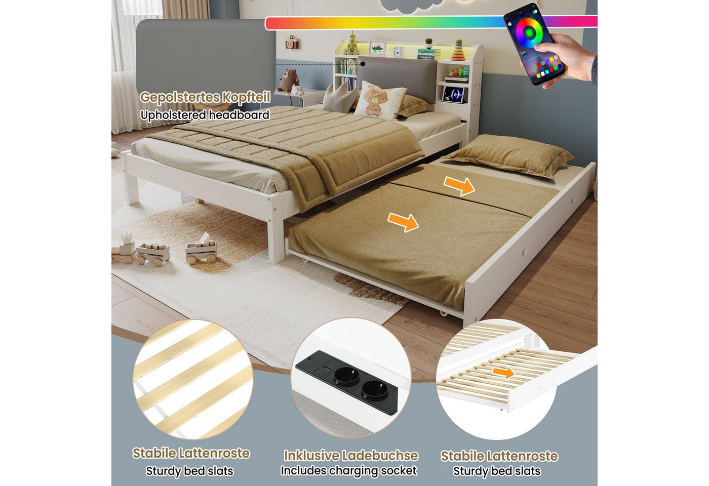 Flieks Massivholzbett, Kinderbett 120x200cm mit Ausziehbett 90x190cm, LED&USB, offenen Fächer – Bild 5 von 5