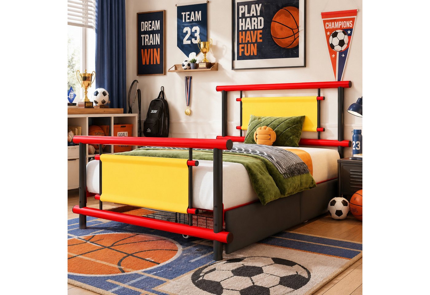 Flieks Metallbett, Kinderbett Einzelbett 90x200cm mit 2 Schubladen & leuchtenden Farben – Bild 2 von 5