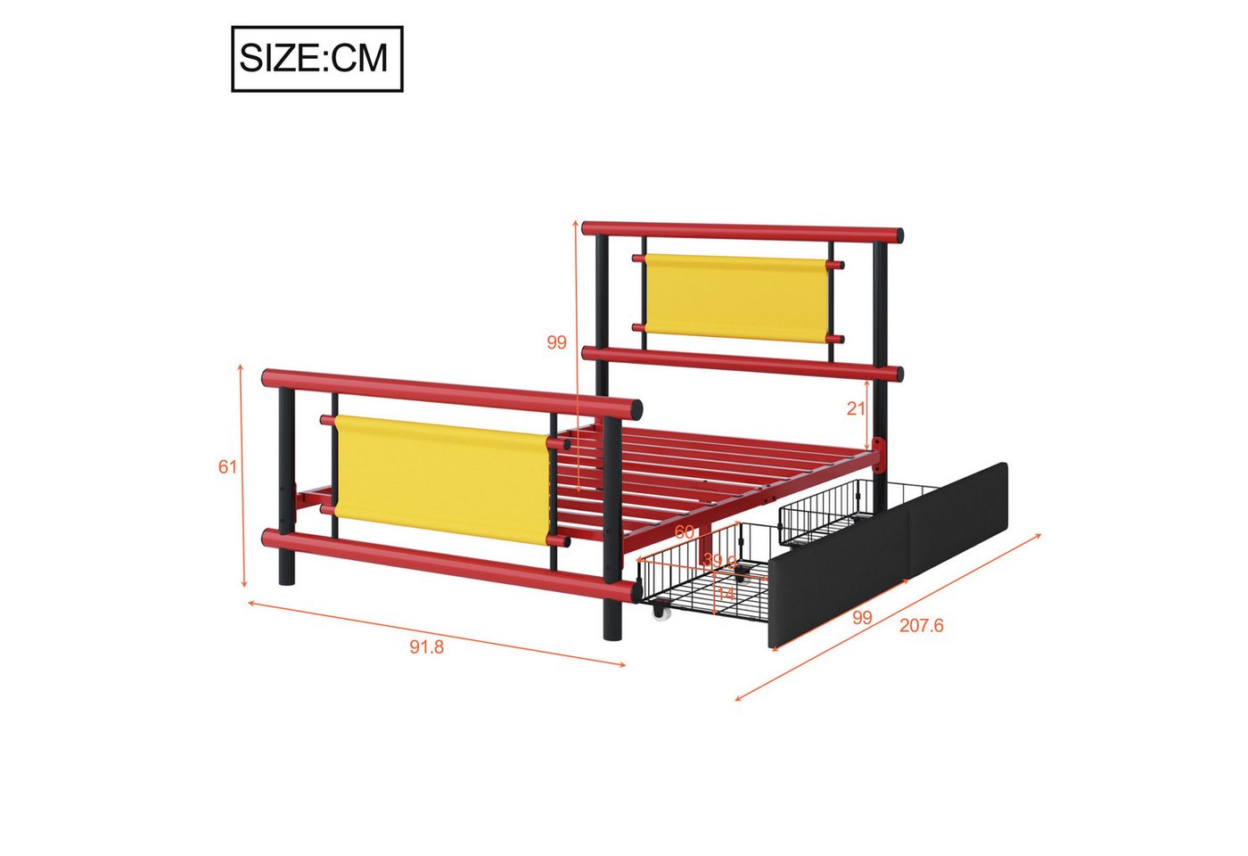 Flieks Metallbett, Kinderbett Einzelbett 90x200cm mit 2 Schubladen & leuchtenden Farben – Bild 4 von 5