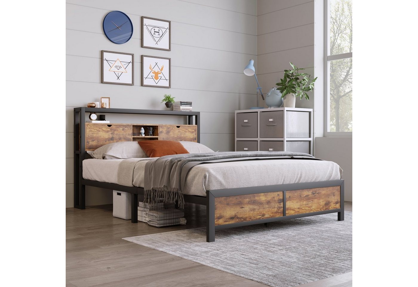 Flieks Metallbett, Doppelbett mit Stauraumfach 140x200cm Eisen Bettgestell – Bild 2 von 5